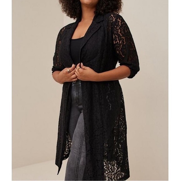 TORRID Floral Lace Sheer Open Duster Trench Coat Black 1X 14-16 - Picture 1 of 13